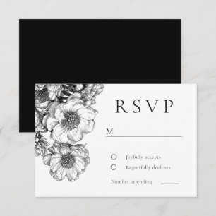 Cartão RSVP Casamento Floral Preto Elegante
