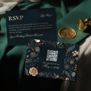 Cartão RSVP Casamento Floral Preto Moderno Contemporâneo