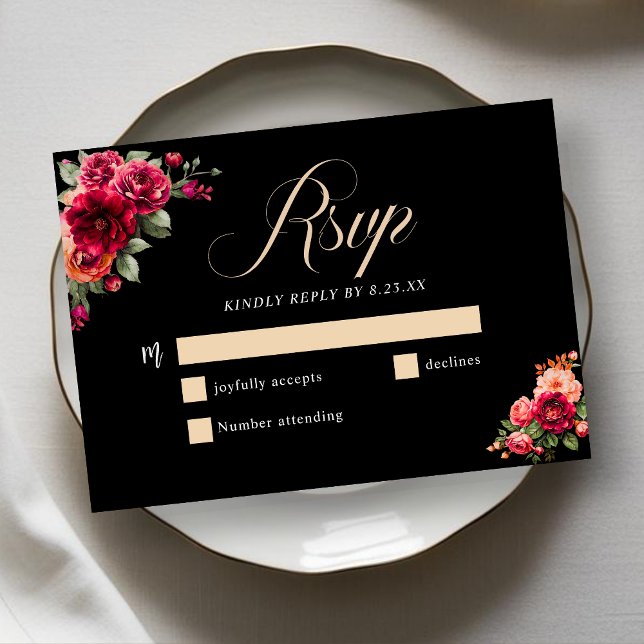 Cartão RSVP Casamento floral preto vermelho-chic (Criador carregado)