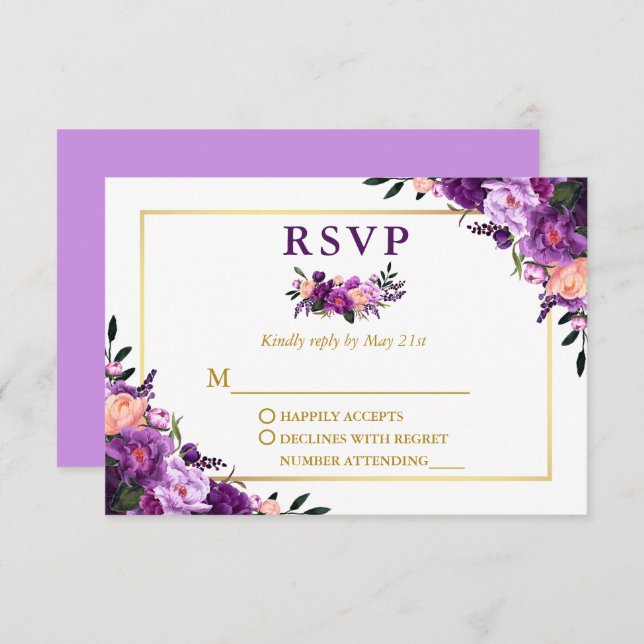 Cartão RSVP Casamento Floral Purple Dourado Elegante (Frente/Verso)