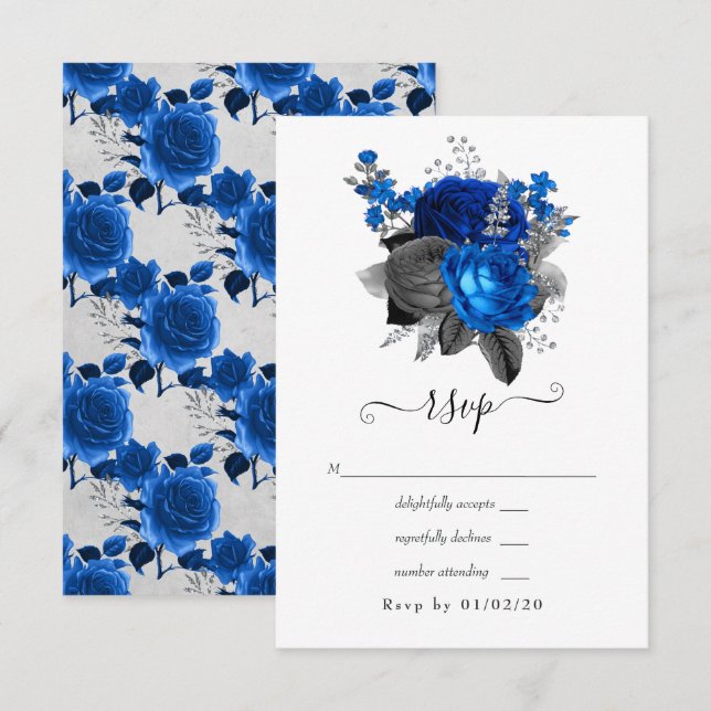 Cartão RSVP Casamento Floral Real Azul, Negro e Prata (Frente/Verso)