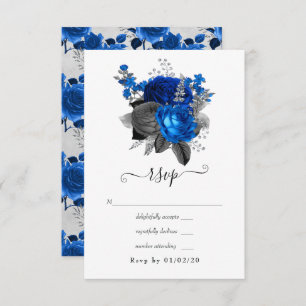 Cartão RSVP Casamento Floral Real Azul, Negro e Prata