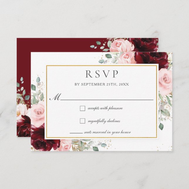 Cartão RSVP Casamento Floral Rich Burgundy Blush Roses Rosa (Frente/Verso)