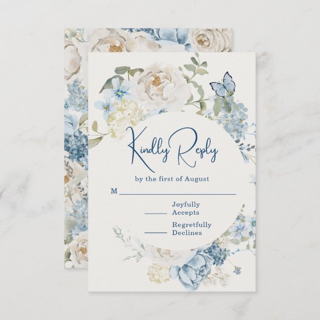 Cartão RSVP Casamento Floral Romântico de Molas Azuis Azuis (Frente/Verso)