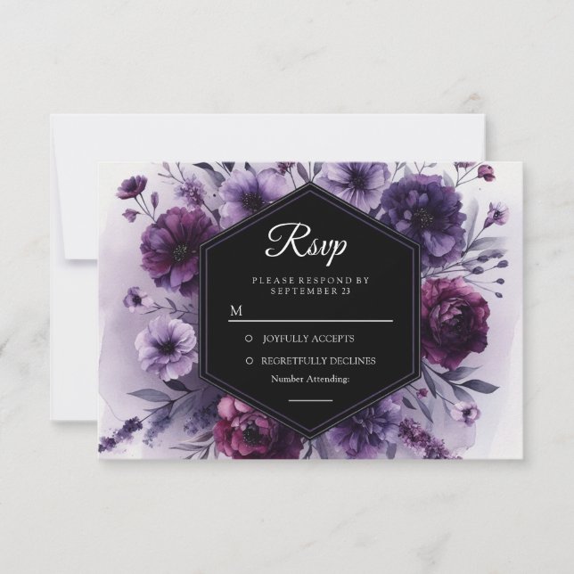 Cartão RSVP Casamento Floral Romântico Roxo Digital (Frente)