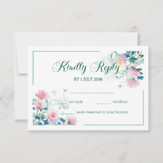 Cartão RSVP Casamento Floral Rosa Bege Aquarela Romântica