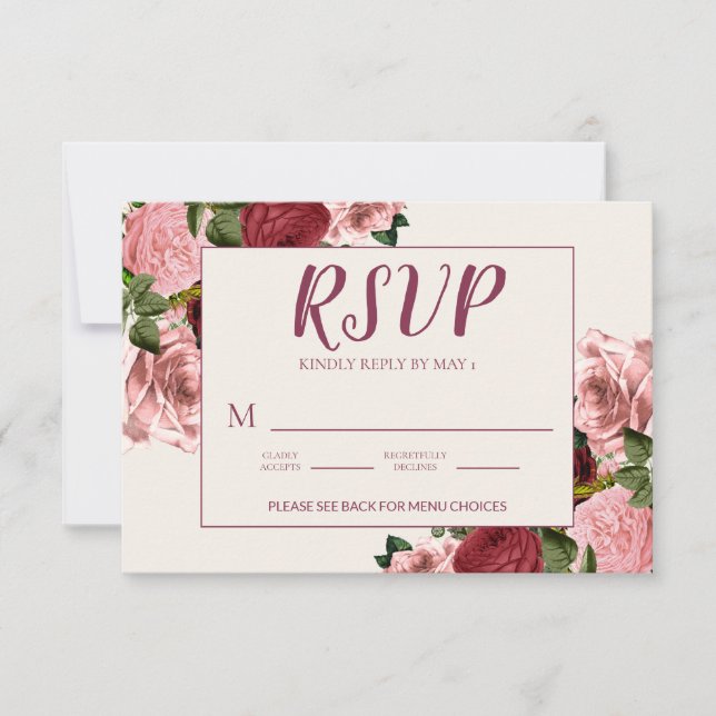 Cartão RSVP Casamento Floral Rosa Bege Borgonha Romântico (Frente)