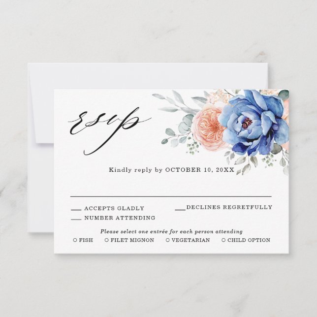 Cartão RSVP Casamento Floral Rosa Bege Poeira Azul Escuro Slat (Frente)