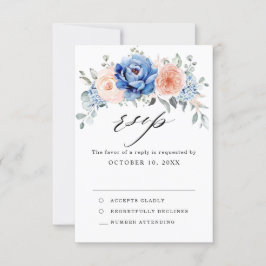 Cartão RSVP Casamento Floral Rosa Bege Poeira Azul Marinho