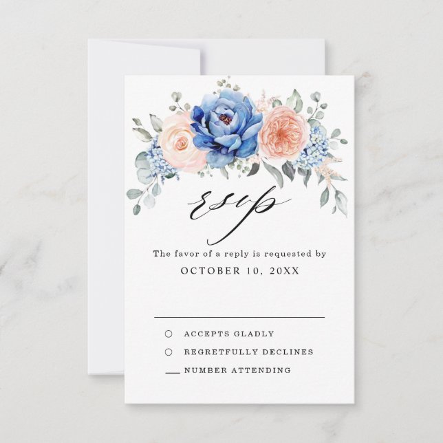 Cartão RSVP Casamento Floral Rosa Bege Poeira Azul Naval  (Frente)