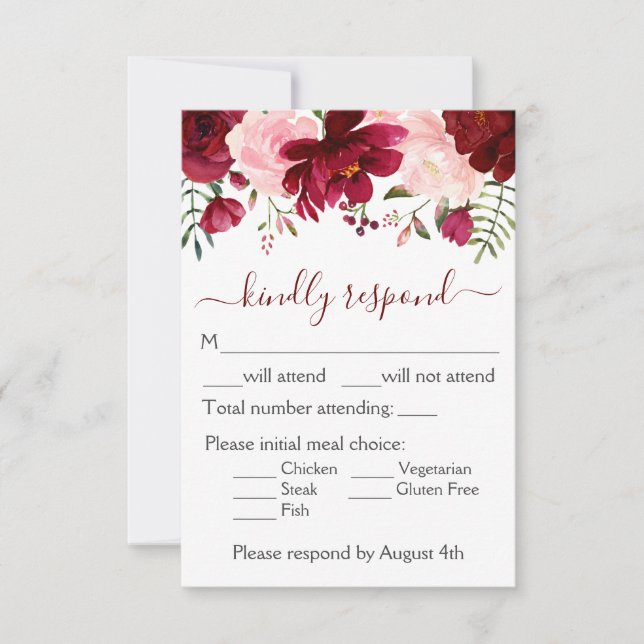 Cartão RSVP Casamento Floral Rosa Burgundy (Frente)