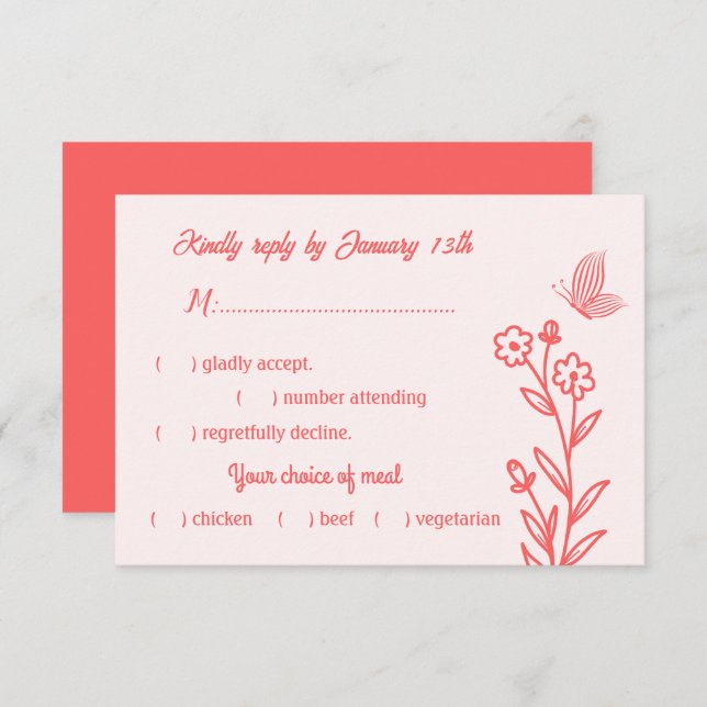 Cartão RSVP Casamento floral rosa-coral elegante romântico (Frente/Verso)