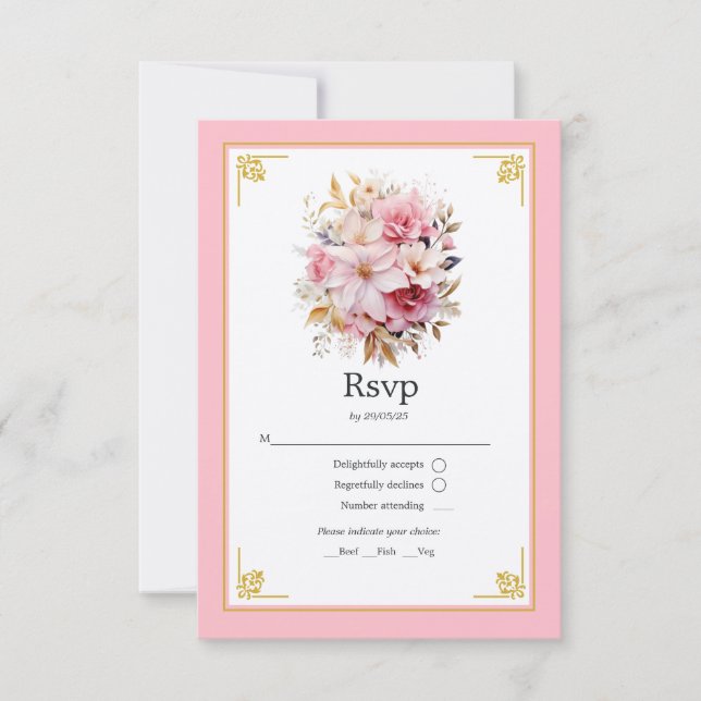 Cartão RSVP Casamento Floral Rosa e Dourado (Frente)