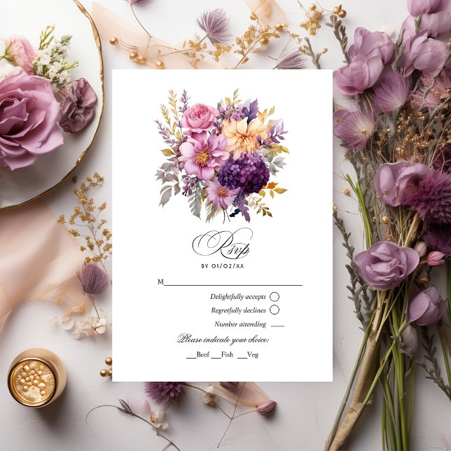 Cartão RSVP Casamento Floral Rosa e Dourado (Criador carregado)