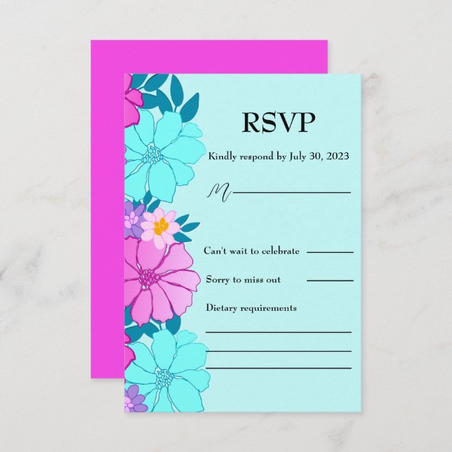 Cartão RSVP Casamento Floral Rosa e Teal (Frente/Verso)