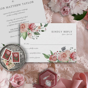 Cartão RSVP Casamento Floral Rosa Elegante