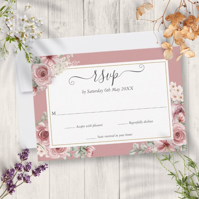 Cartão RSVP Casamento Floral Rosa Empoeirado com Grafia Elegan (Elegant Script Dusty Rose Floral Wedding RSVP Card)