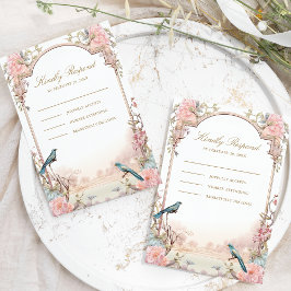 Cartão RSVP Casamento Floral Rosa Pássaros Românticos