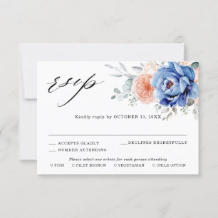 Cartão RSVP Casamento Floral Rosa Poeira Azul Marinho 