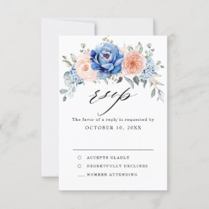 Cartão RSVP Casamento Floral Rosa Poeira Azul Naval
