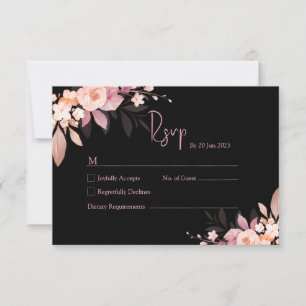 Cartão RSVP Casamento Floral Rosa Preto e Bege