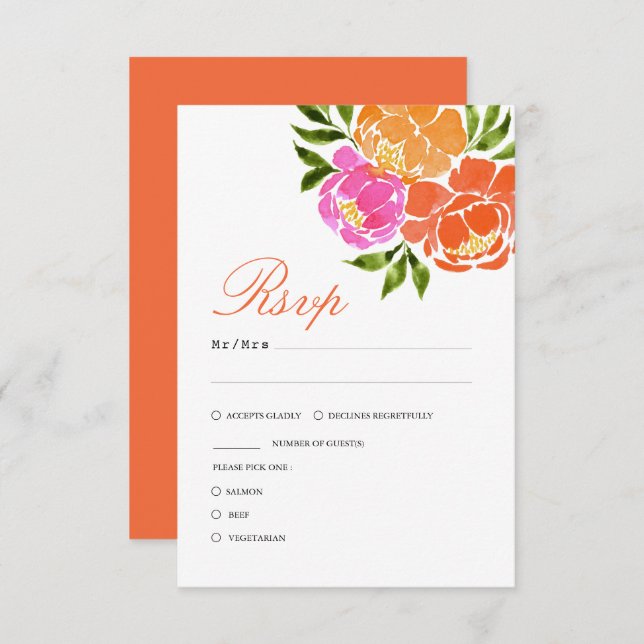 Cartão RSVP Casamento Floral Rosa Quente e Queda Laranja (Frente/Verso)