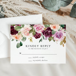Cartão RSVP Casamento Floral Rosa Rústico Borgonha e Roxo