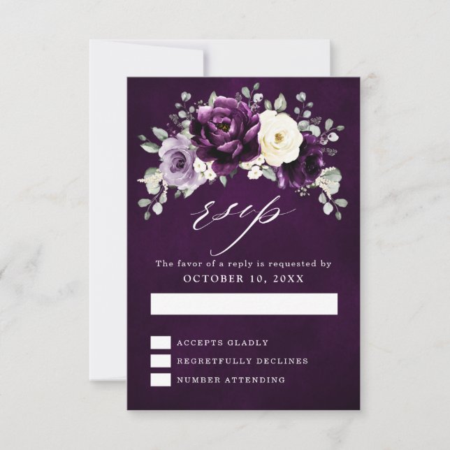Cartão RSVP Casamento Floral Roxo de Plum Ivory White RS (Frente)