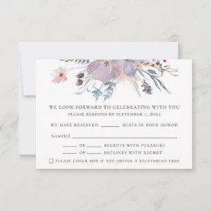 Cartão RSVP Casamento floral roxo de Watercolor. Rústico elega