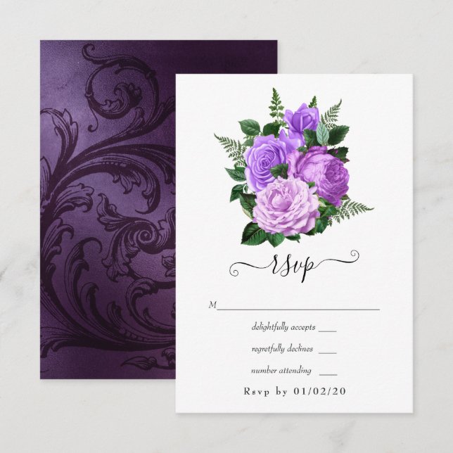 Cartão RSVP Casamento Floral Roxo e Verde (Frente/Verso)
