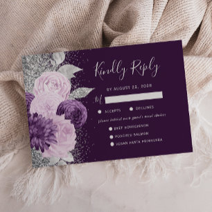 Cartão RSVP Casamento Floral Roxo Fundo Prata Escolha de Refei