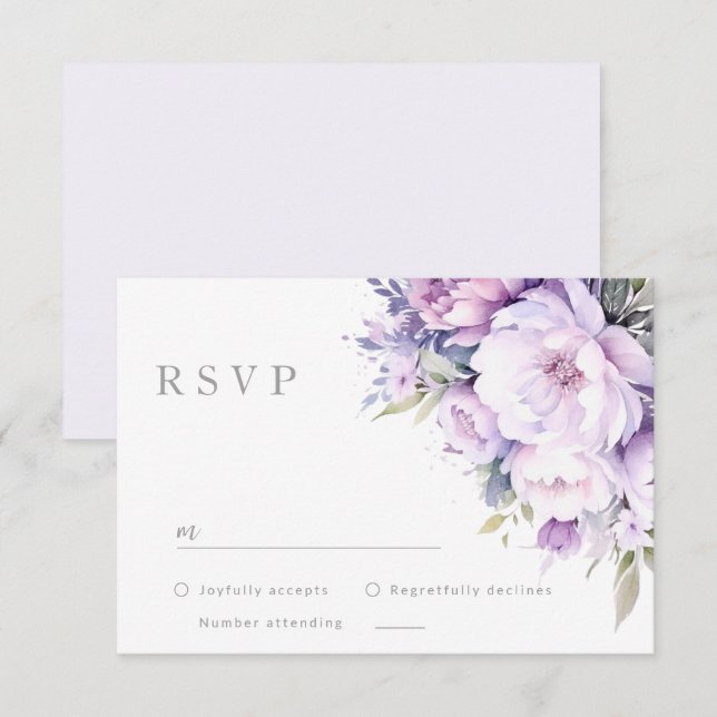 Cartão RSVP Casamento Floral Roxo-Lavanda Encantado (Frente/Verso)