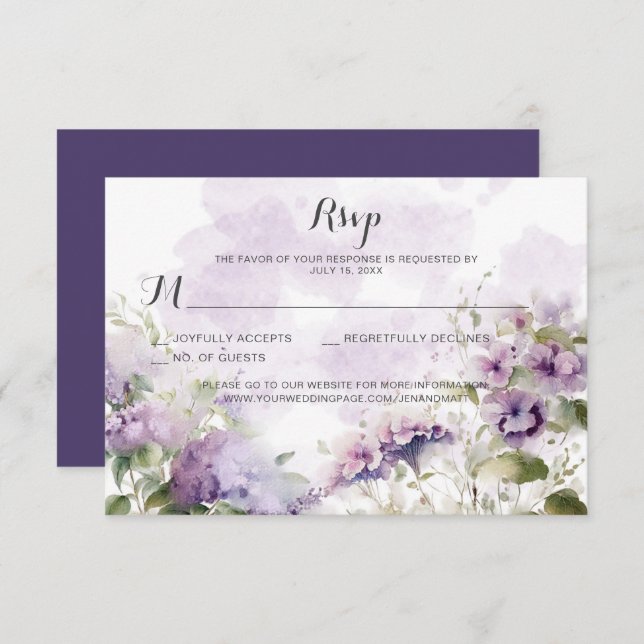 Cartão RSVP Casamento Floral Roxo-Lavanda-Roxo (Frente/Verso)