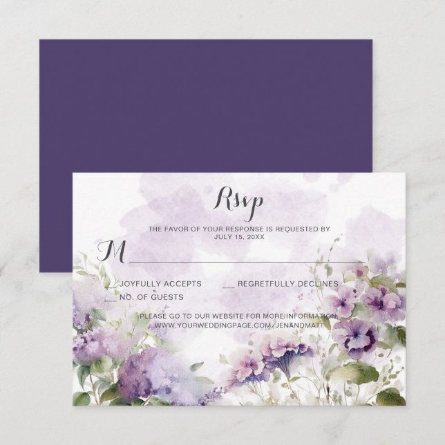 Cartão RSVP Casamento Floral Roxo Lavanda Rústico Boho (Frente/Verso)
