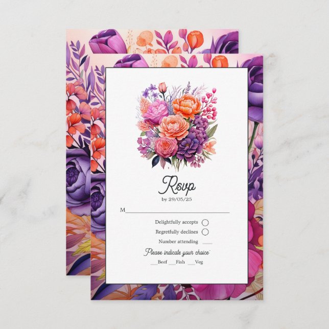 Cartão RSVP Casamento Floral Roxo-Rosa-Quente-Real (Frente/Verso)