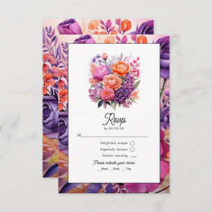 Cartão RSVP Casamento Floral Roxo-Rosa-Quente-Real