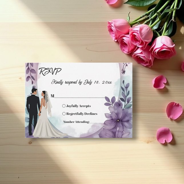 Cartão RSVP Casamento Floral Roxo Roxo-Noivo (Criador carregado)