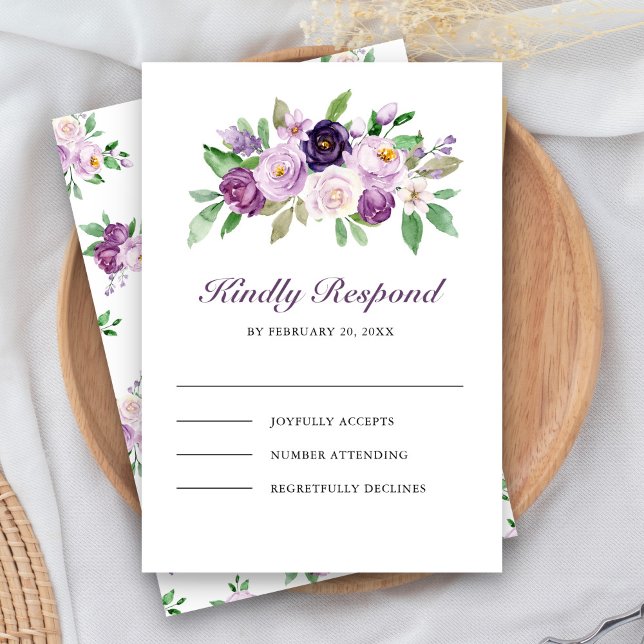Cartão RSVP Casamento Floral Roxo Rústico (Criador carregado)