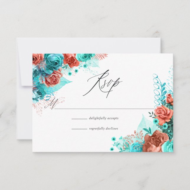 Cartão RSVP Casamento Floral Russo-Turquesa e Coral (Frente)