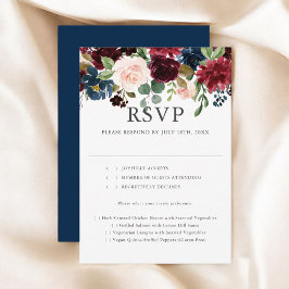 Cartão RSVP Casamento Floral Rustic Blue Burgundy