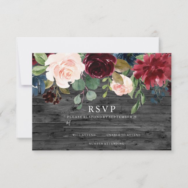Cartão RSVP Casamento Floral Rustic Burgundy Red Blush (Frente)