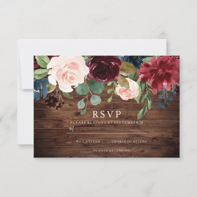 Cartão RSVP Casamento Floral Rustic Burgundy Red & Blush (Frente)