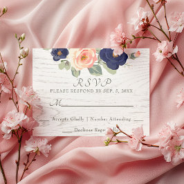 Cartão RSVP Casamento Floral Rustic Country Marinho Blue and P