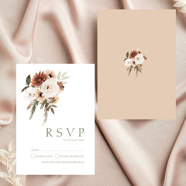 Cartão RSVP Casamento Floral Rustic Peach Terracotta Greenery (Elegant Peach Olive Green Floral Wedding RSVP Card)