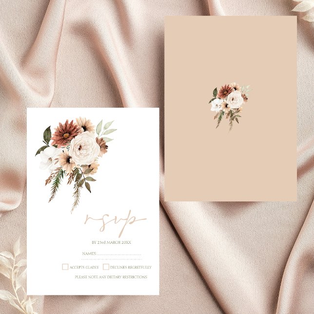 Cartão RSVP Casamento Floral Rustic Peach Terracotta Greenery (Elegant Peach Olive Green Floral Wedding RSVP Card)
