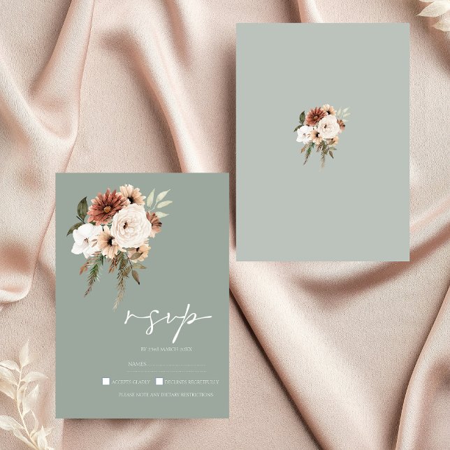 Cartão RSVP Casamento Floral Rustic Sage Green Peach (Rustic Sage Green Peach Floral Wedding RSVP Card)