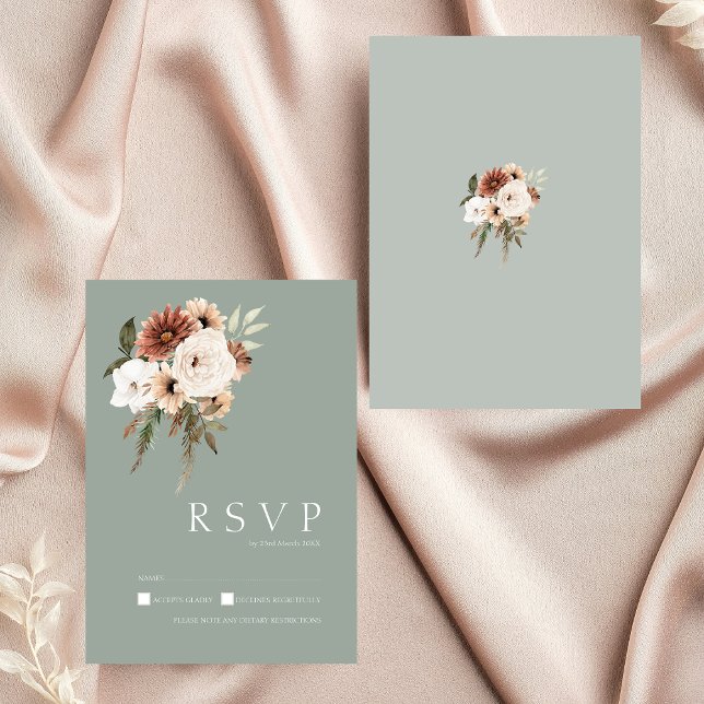 Cartão RSVP Casamento Floral Rustic Sage Green Peach (Rustic Sage Green Peach Floral Wedding RSVP Card)