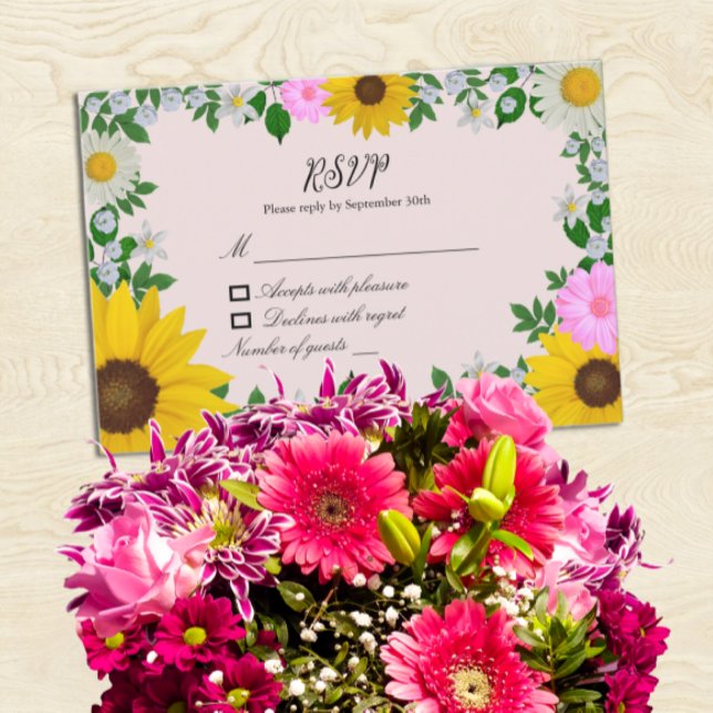 Cartão RSVP Casamento Floral Rustic Sunflower Daisy (Criador carregado)