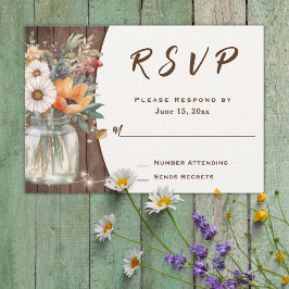Cartão RSVP Casamento Floral Rustic Wildflower Barn Wood Count