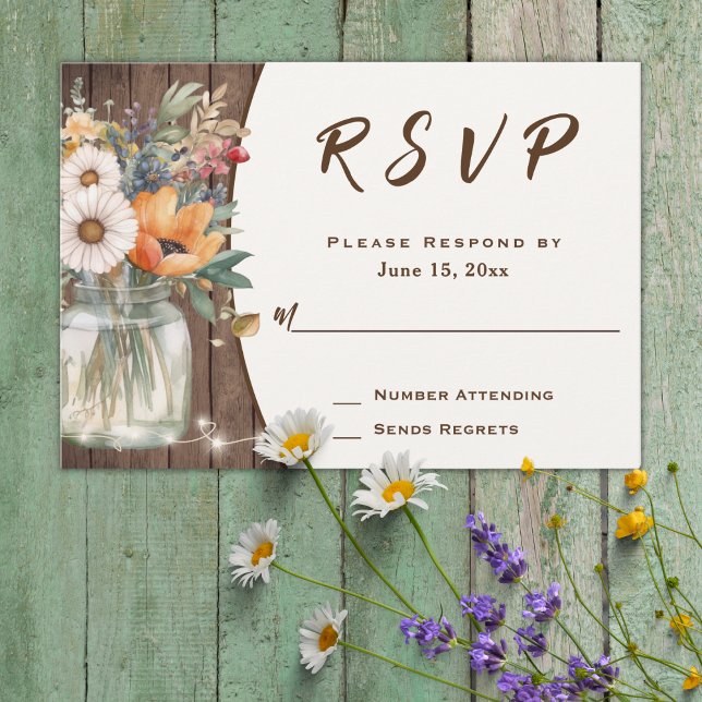 Cartão RSVP Casamento Floral Rustic Wildflower Barn Wood Count (Criador carregado)
